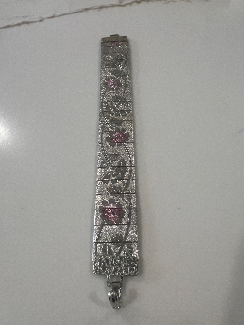 Silver Floral Link Bracelet with Pink Flower Accents